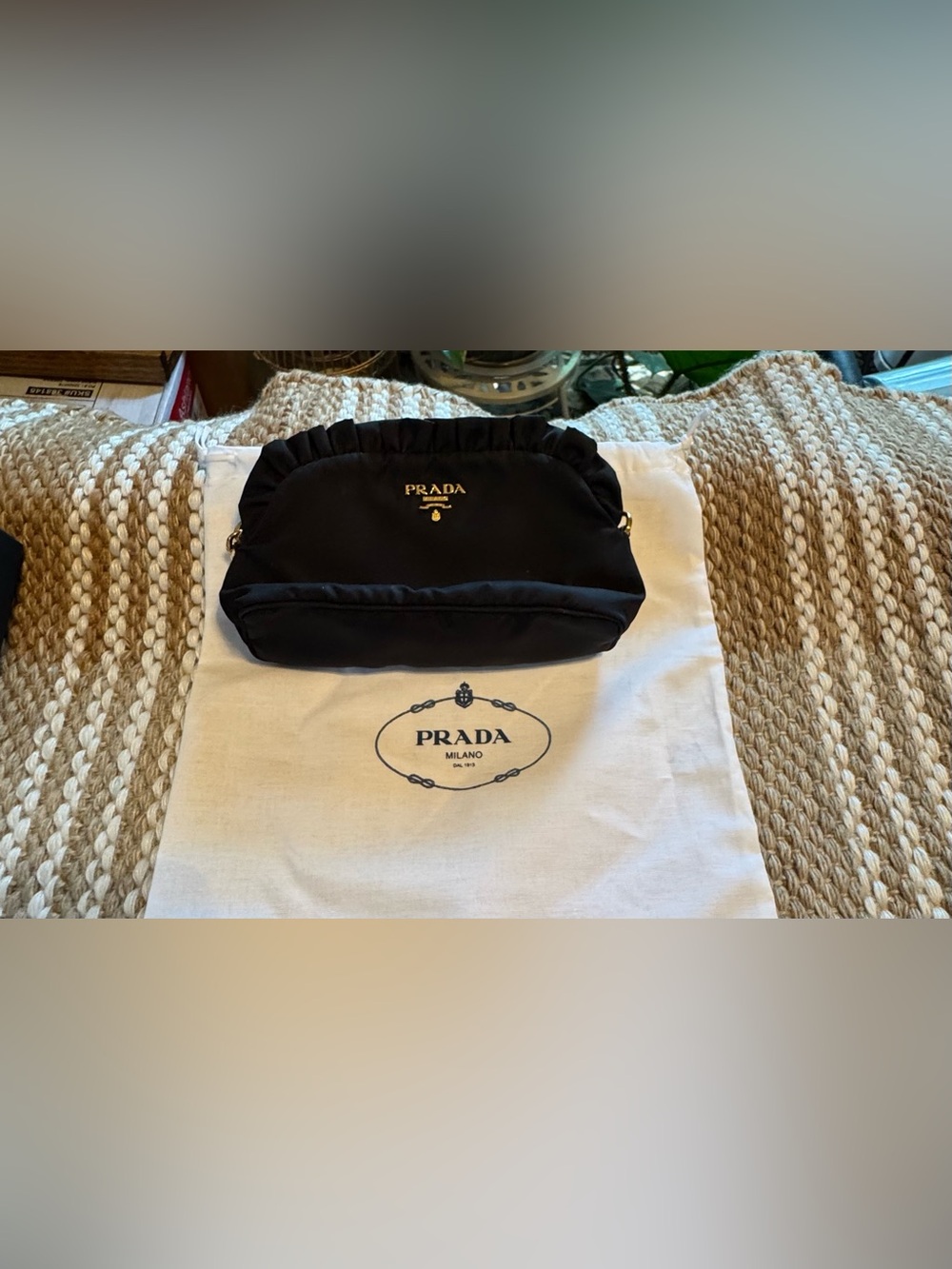 Prada Black Nylon Pouch with Gold Logo